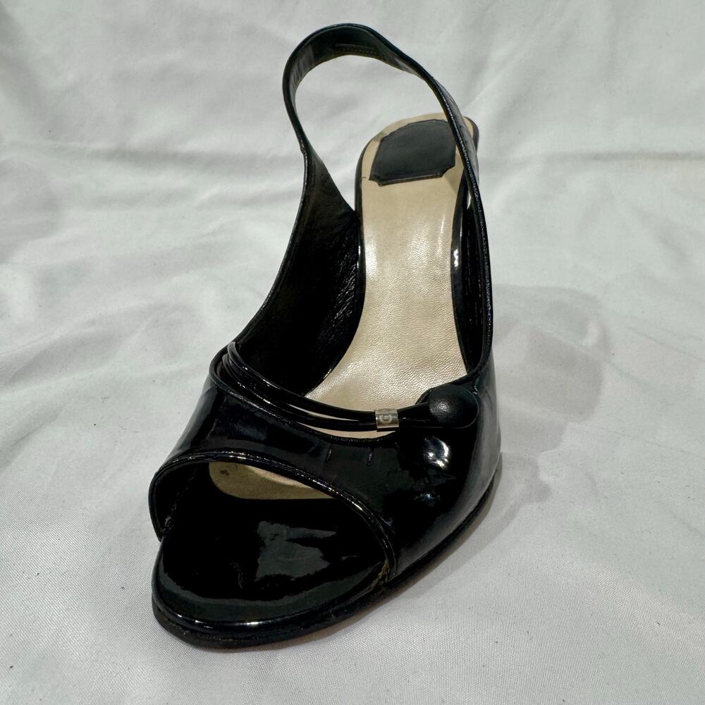 Christian Dior Black Patent Leather Peep Toe Slingback Heel Single Shoe 38.5